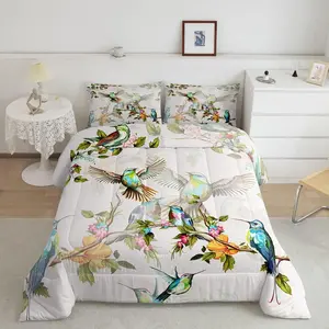 Birds Comforter Set,Hummingbird Bedding Set,Blue Green Spring Wild Animals Botanical Down Comforter,Farmhouse Nature Spring Wildlife Duvet Insert