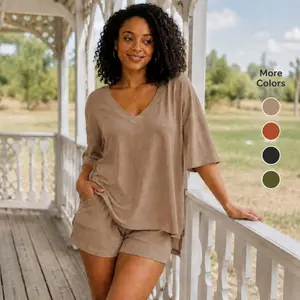 2026 Women's Two Piece Outfit-V Neck Short Sleeve Top & Shorts Casual Set Summer Vacation Beach Wear outdoorfun