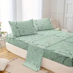 4PCS Plum Blossom Bed Sheet Set, Multicolor Tree Branch Printed Bedding, Deep Pocket Fitted Sheet, Flat Sheet & 2 Pillowcases, 15 Inch Pocket, Soft Bedroom Dorm Room Decor