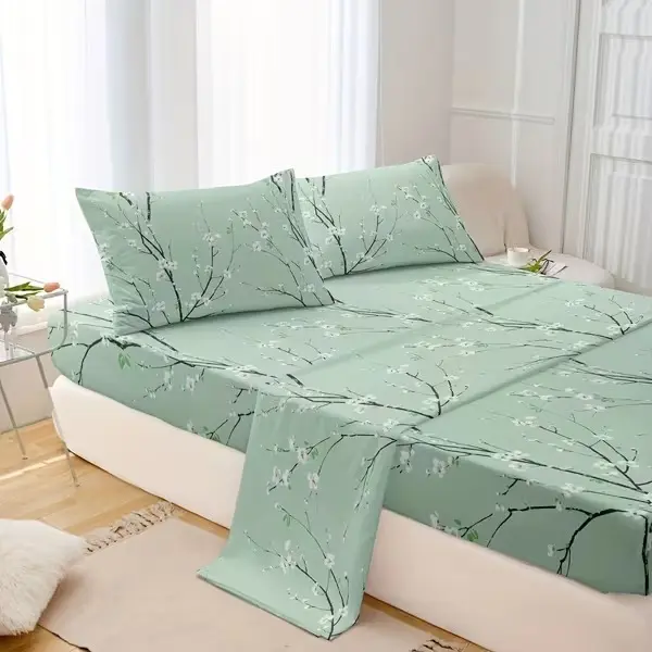 4PCS Plum Blossom Bed Sheet Set, Multicolor Tree Branch Printed Bedding, Deep Pocket Fitted Sheet, Flat Sheet & 2 Pillowcases, 15 Inch Pocket, Soft Bedroom Dorm Room Decor