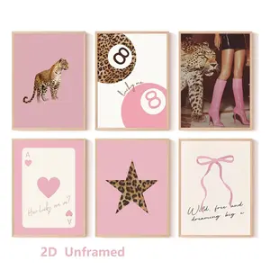 6-piece set, stylish pink leopard-print wall art; preppy leopard-print poster; printed, cool and playful leopard wall decor featuring a lucky No. 8 ball and bow design; perfect for girls' bedrooms, apartments, and dorm rooms; frameless 2D canvas prints