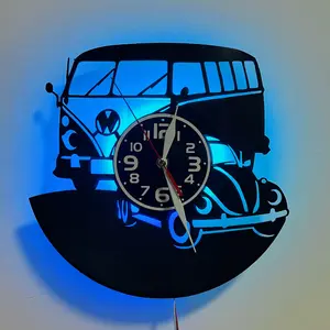 Vintage 1960s Volkswagen Bus & 70/80s Camper LED Wall Clock, Creative Decorative Clock, Vintage Design, Silent Operation, Silent No Tick-Tick Sound, Multicolor Lights, Home Decor, Perfect Gift