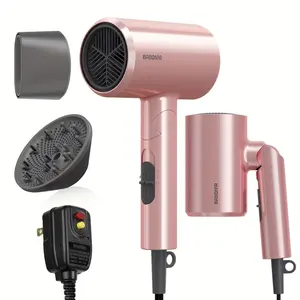 1875W High-Power Pink Travel Hair Dryer, Foldable Design, with Diffuser And Focusing Nozzle, Compact Powerful Ion Hair Dryer, 3-Speed Temperature Control And 2-Speed Wind Speed, Fast Drying Hair