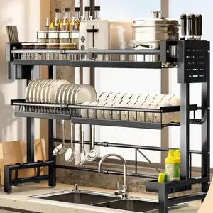 Stainless Steel Above-Sink Double-Layer Dish Drying Rack, Adjustable Expandable Space-Saver Kitchen Organizer with Hanging Utensil Hanger & Blade Wheels, Easy-Install Multifunctional Countertop/Cabinet Storage Shelf