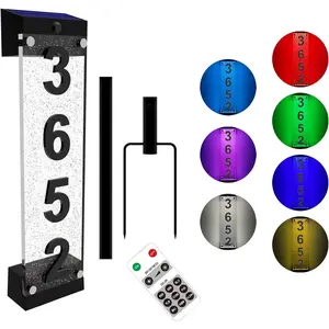 Solar House Numbers for Outside, Acrylics Solar Address Sign with Iron Stakes,  RGBW Color Changing Remote Control, Lighted Modern Address Plaque Solar  for Street Yard