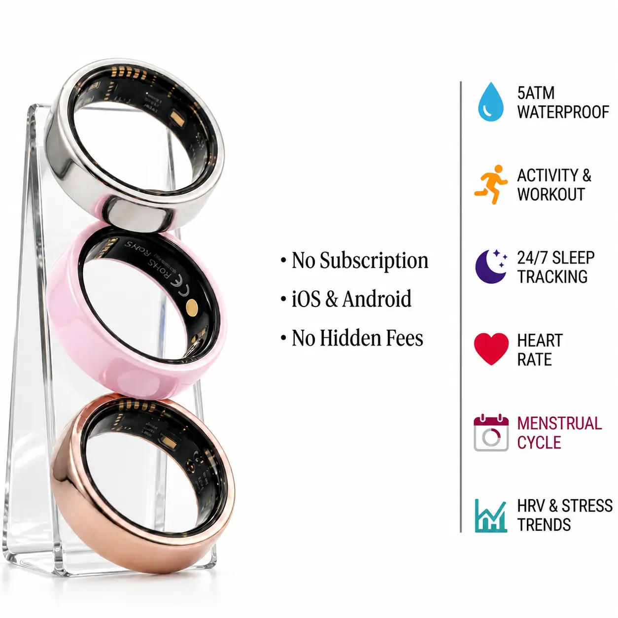 Smart Health Tracker Ring, 5ATM Water Res. Fitness Wearable with 24H Sleep Monitor, Heart Rate-HRV Stress Tracking, Female Cycle Tracking, Ceramic Finish, Wireless Charging Case, No Subscription for iOS & Android