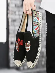 Men's Ethnic Style Breathable Canvas Shoes, Woven Slip-On Loafers Casual Espadrilles