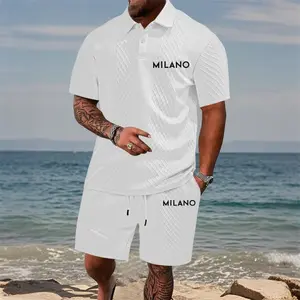 Men's Milano Letter Graphic Trending Polo & Shorts Set, Jacquard Texture Summer Outfit, Lightweight Breathable Sport Set, Streetwear Matching Set