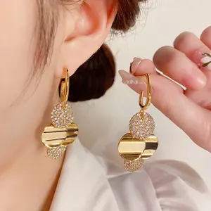 s925 silver needle personalized fashion diamond-studded metal disc tassel earrings DDES0459 elegant light luxury high-end earrings 14K gold-plated