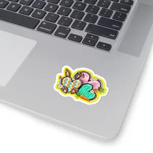 Yellow Teal Heart Easter Egg Sticker for Festive Decorations and Easter Themed Gifts with Bunny and Carrot Design
