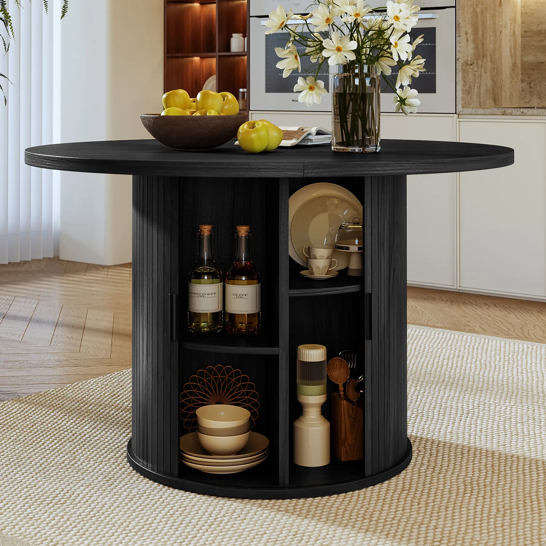 Nalupatio 31.5 Inch Round Dining Table for 2, Versatile Two-Person Kitchen Table with Half-Open Storage Shelf & Sliding Door, Modern Farmhouse Circle Dinner Table for Dining Room, Living Room, Walnut