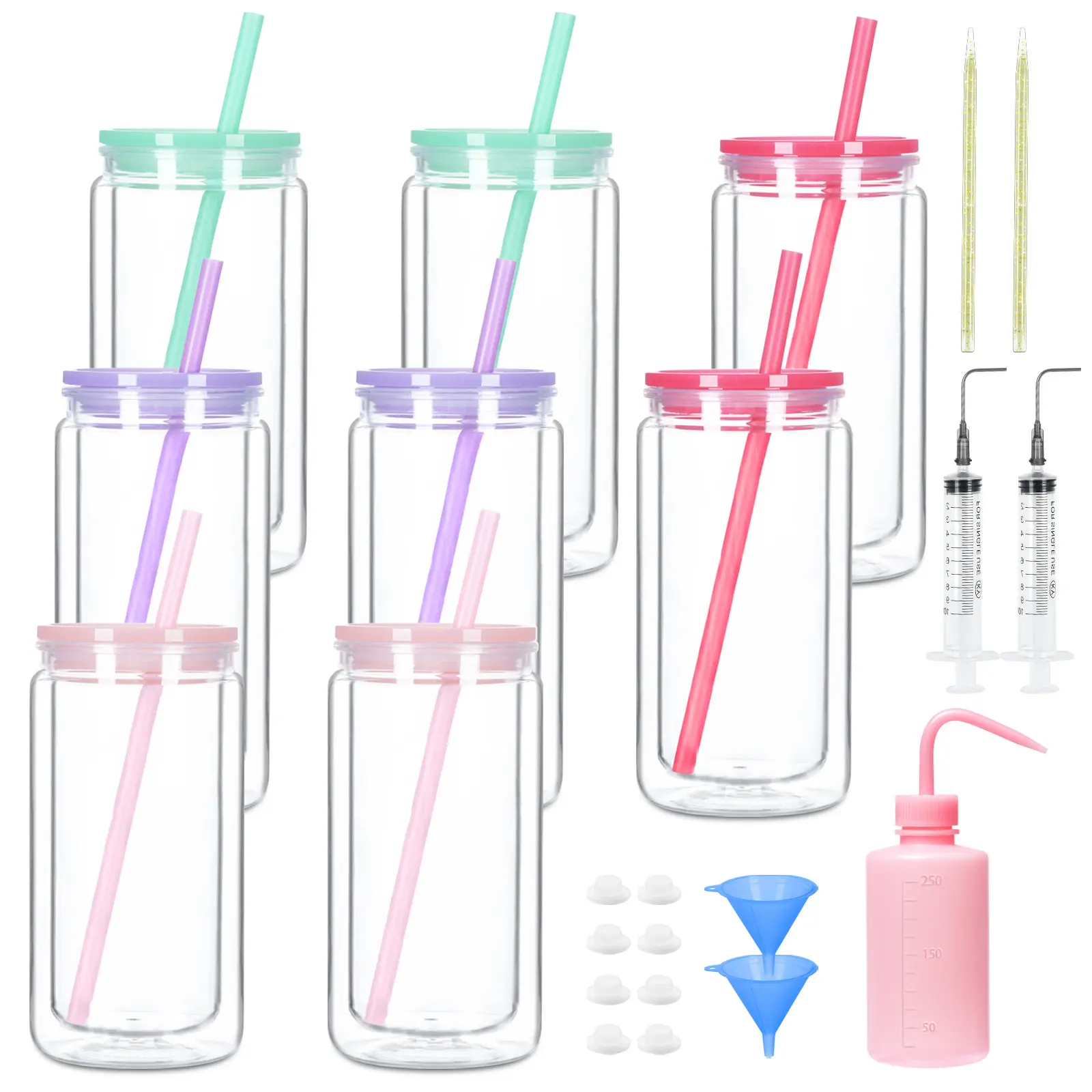 8-Pack 16oz Reusable Acrylic Snow Globe Tumbler Set, Double-Wall Plastic Water Bottle with Colorful Lids, Straws, Pre-Drilled Holes DIY Tool Kit, Ideal for DIY Gifts