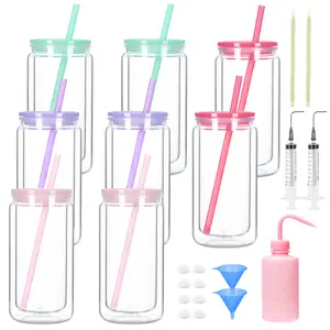 8 Pack 16oz Acrylic Snow Globe Tumbler, Double Wall Plastic Cup with Colorful Lids & Straws & DIY Tool Kit, Great for DIY Snow Globe Gifts