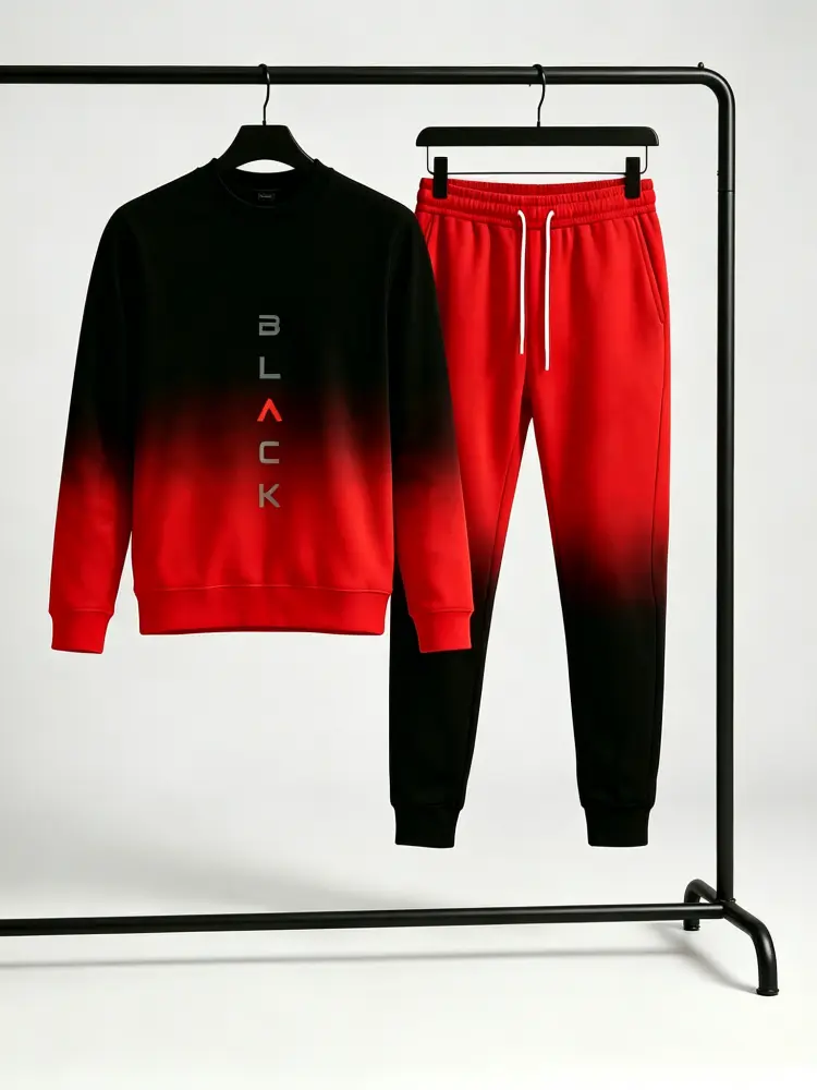 Men's Black to Red Ombre Gradient Tracksuit 2 Piece Set, Crew Neck Long Sleeve Sweatshirt with Letter Print Elastic Waist Jogger Pants Casual Streetwear Sport Outfit