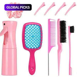 Hair Styling Set with Spray Bottle, Grid Detangling Brush and 4 Sectioning Clips, 10 pcs Hairdressing Kit for Salon and Home Use, Hair Braiding Tool, Detangler Attachment