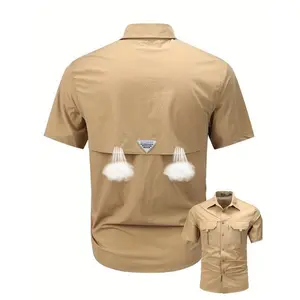 [Breathable Nylon Cargo Shirt] Summer Casual Cargo Shirt - Breathable Stretch Fabric, Big-tall Fit, with Flap Pockets - Men's Nylon 92% Spandex 8% Blend Short Sleeve Lapel Collar Single Breasted Solid Color Outdoor Activities - 120g/m2 W