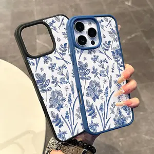 Chic Magnetic Case for iPhone 11-16 Pro Max Blue Plant Pattern MagSafe Ready Anti-Slip Ultra Thin TPU Aesthetic Touch Daily Use