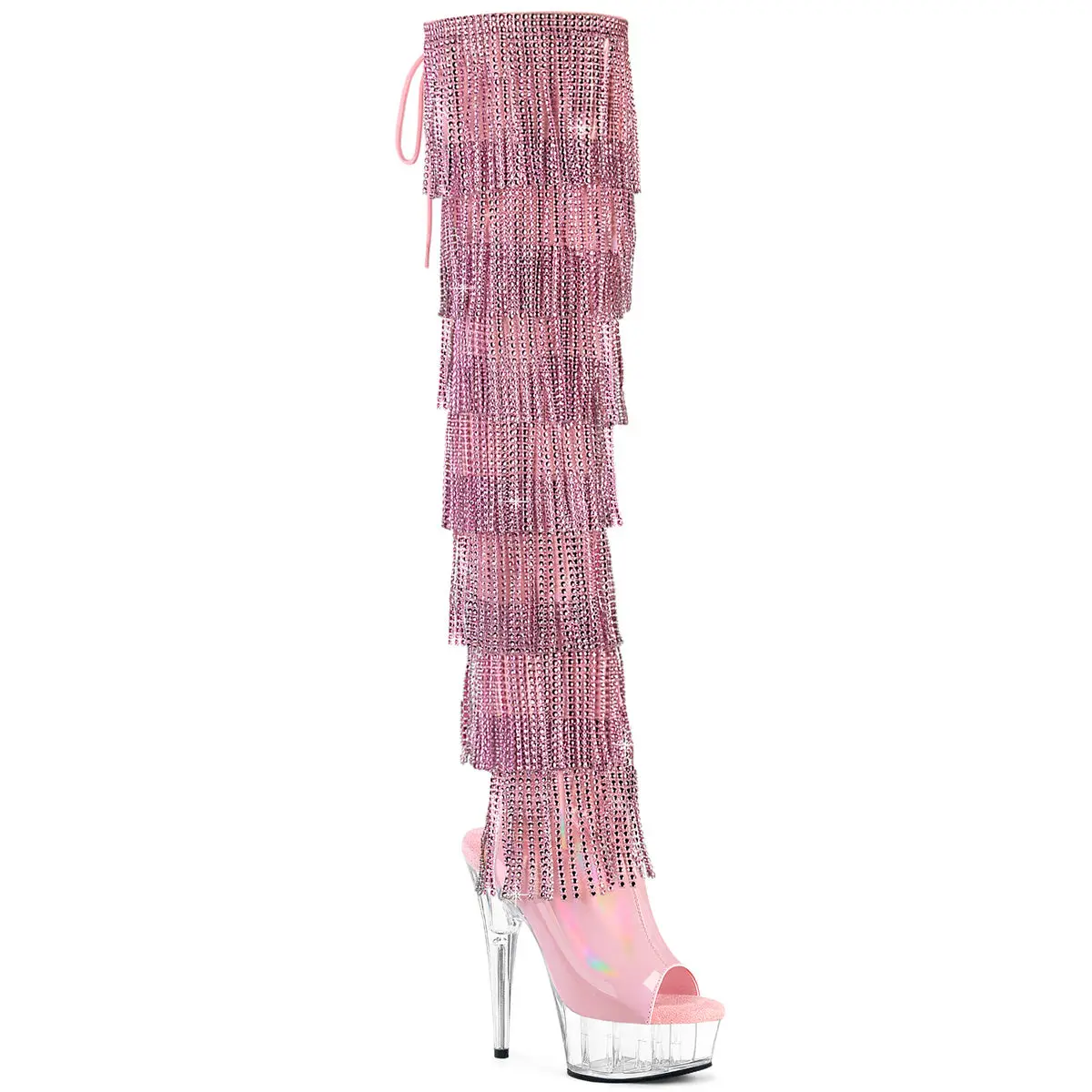 Pleaser Women's Delight-3017HG-RSF Thigh High Platform Boot Shoe, 6" Heel Open Toe Footwear with Rhinestone Fringe, Lace-Up Back, and Side Zip