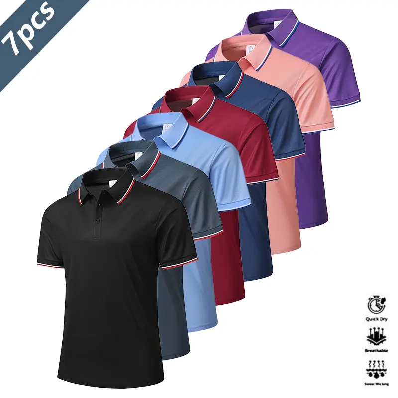 Men's 7-Pack Polyester Performance Button Polo Shirts - Lightweight Speed Dry, Breathable Sports Style Tops with Striped Cuffs, Outdoor Sportswear for Golf, Tennis, Speed Dry Polo Shirts