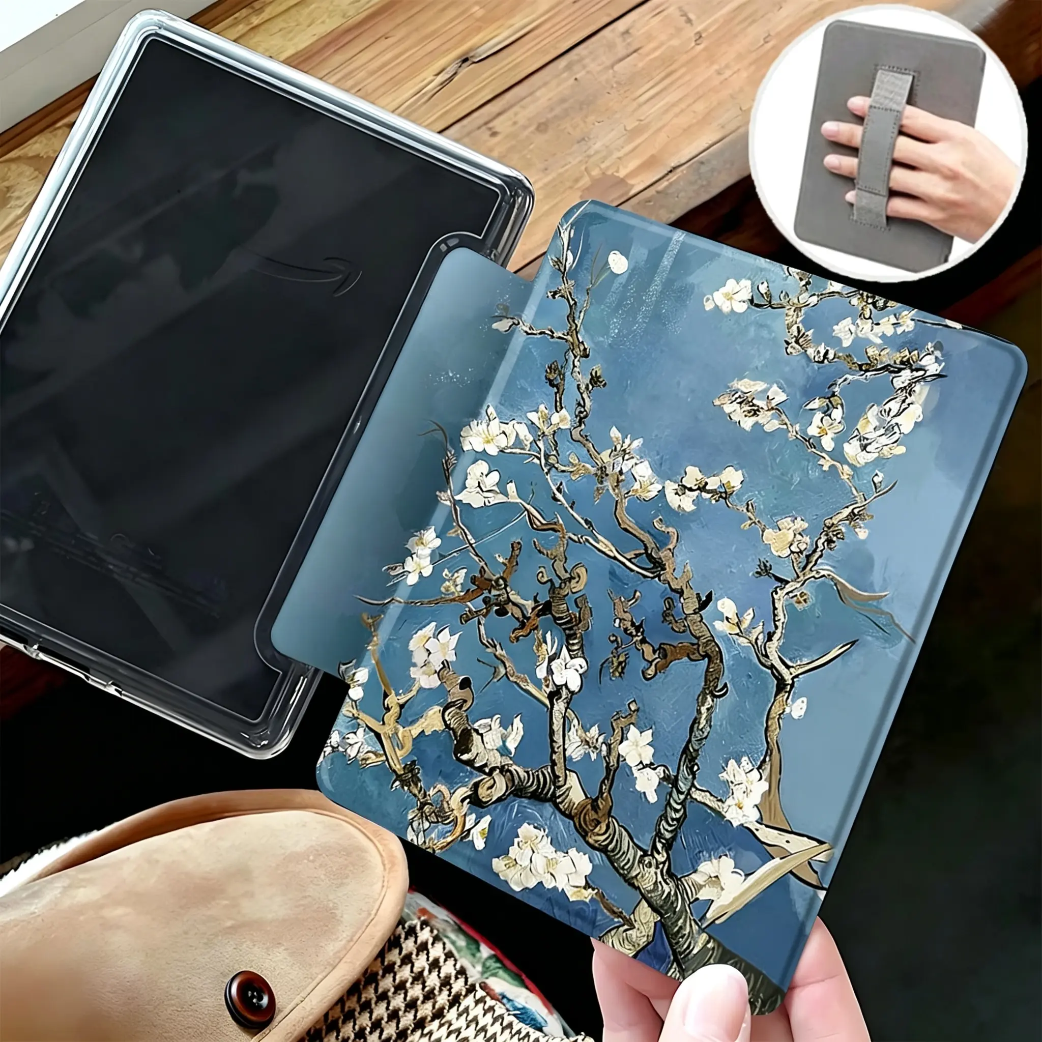 Van Gogh Apricot Blossom Series Kindle Protective Case, Suitable for 7/6.8/6-inch Kindle Paperwhite (12th/11th - 2024/2025 Models) | Kindle Ultra-Clear and Ultra-Soft Transparent TPU Back Case with Cute Painted Illustrations, Including a Carrying Strap De