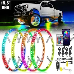 Nilight 4PCS 15.5in Double Row RGB Neon Wheel Ring Lights, APP & Remote Control, Turn Signals, Braking Functions, IP67 Waterproof, Night Driving, for Car Van SUV Automotive Decorative Lights