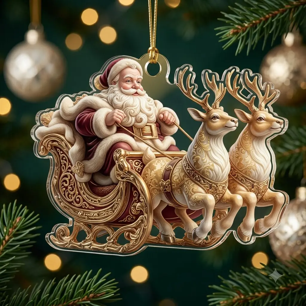Santa Sleigh Acrylic Hanging Ornament, Holiday Gift for Christmas Festive Home Decor