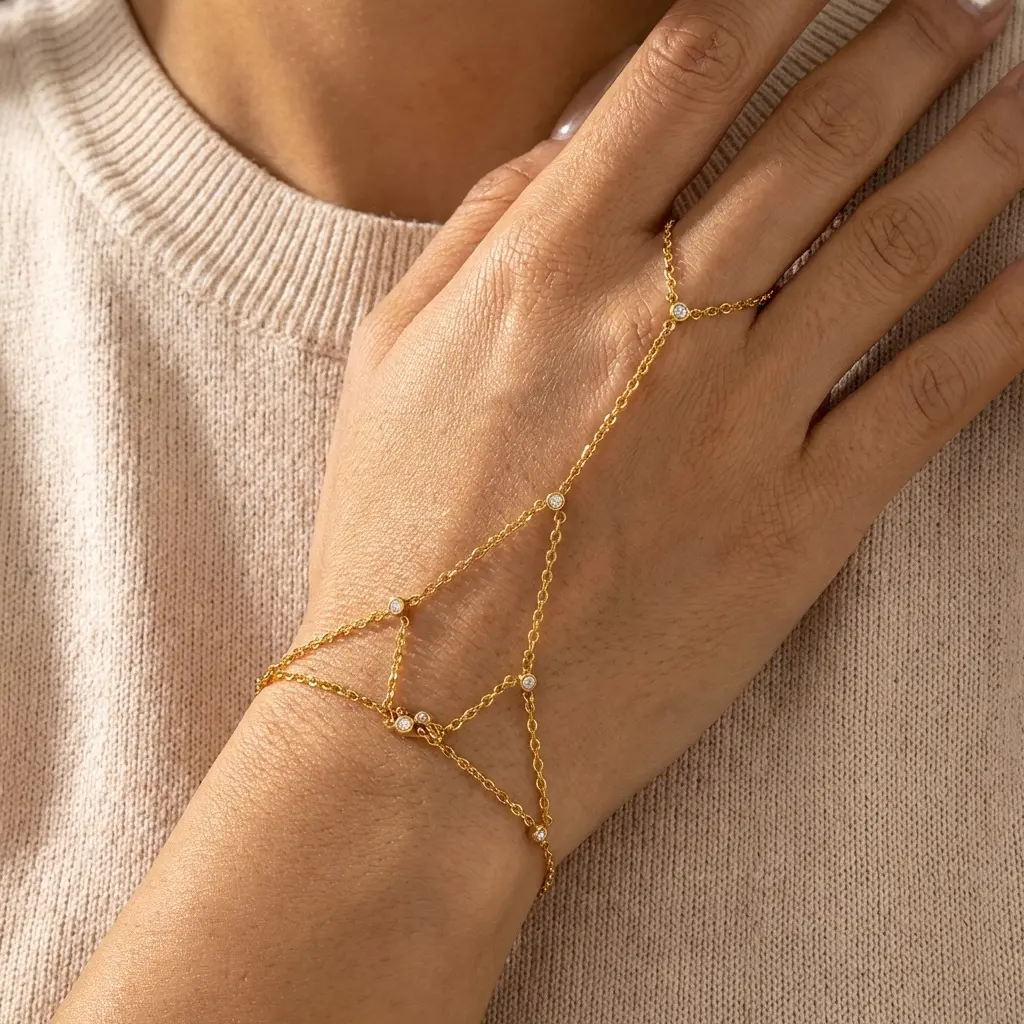 Stainless Steel Multilayer Rhinestone Connected Finger Ring Bracelets for Women Handmade Thin Link Chain Bracelet Party Jewelry