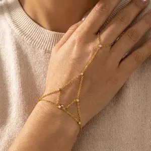 Stainless Steel Multilayer Rhinestone Connected Finger Ring Bracelets for Women Handmade Thin Link Chain Bracelet Party Jewelry