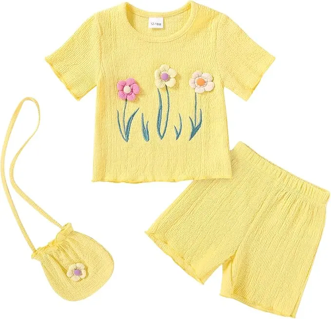 Toddler girls’ summer ruffled short set — floral print short-sleeve T-shirt top + shorts, cute casual outfit,Back to School Sale 2026