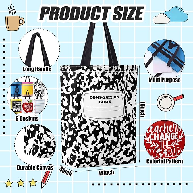 6/12 Pcs Back to School Teacher Gift Bags Canvas Tote Bags with Pencil Crayon Marble Notebook Apple Pattern Thank You Gift Handbags for Teacher Student,School Study Supplies,Welcome First Day of School Teacher Appreciation Class Rewards Graduation Gift