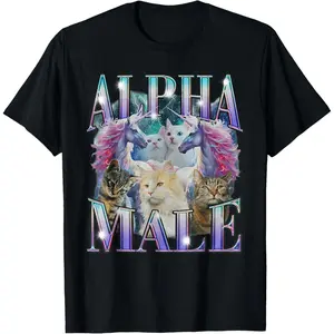 Cotton Graphic Tees Streetwear Gifts  Alpha Male Unicorn Cat Ironic Vintage Meme T-Shirt