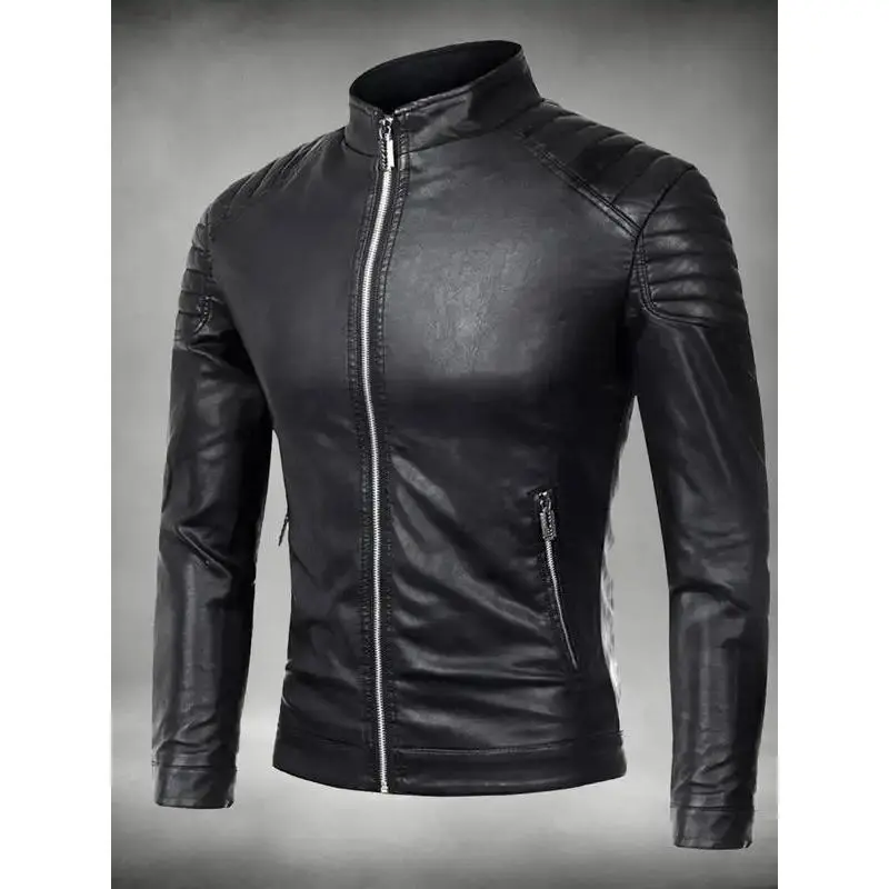 Men's Solid Color Zip Up PU Leather Jacket, Regular Fit Casual Sporty Long Sleeve Bomber Jacket for Spring & Fall, Fashion Men's Outerwear for Daily Wear, Coats