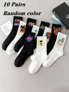 10 Pairs Spring Summer Graffiti Socks, Korean Style Trendy Casual Mid-Calf Sports Basketball Socks, Comfortable Breathable Soft