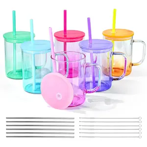 6 Pack Gradient Colorful Glass Sublimation Cups with Lid and Straw, 16oz Glass Tumblers with Handle