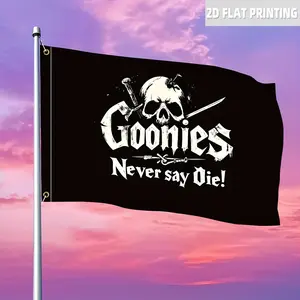 2x3ft / 3x5ft The Goonies Flag - Black with Skull Crossed Swords & "Never say Die!" Slogan Polyester Banner for Outdoor Yard & Home Decor