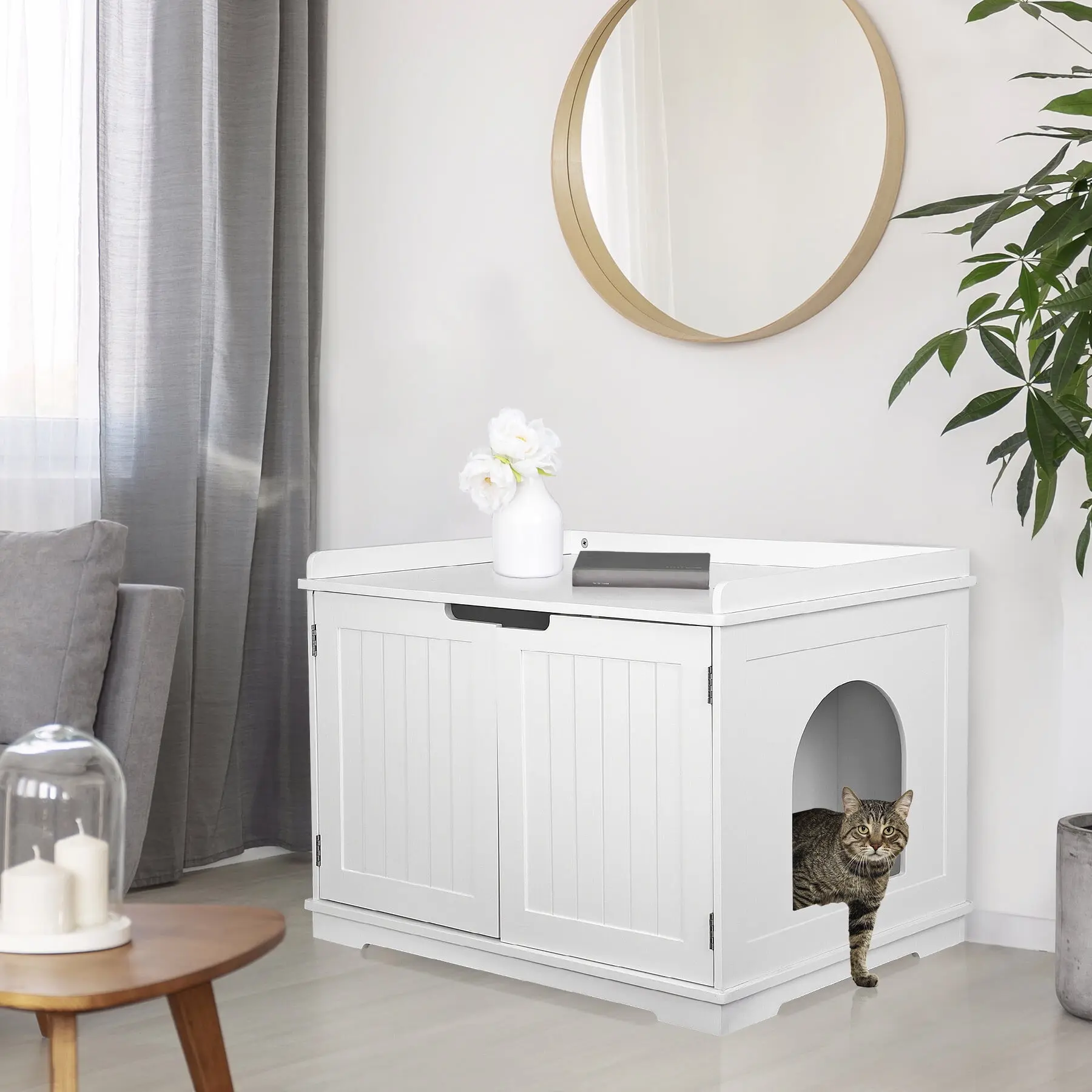 Pet Republic White Litter Box Cabinet - Covered Litter Box, Hidden Washroom Bench Furniture for Cats, Tray Compatible