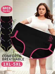 5 Pcs Plus Size Women's Comfortable Mid-Waist Underwear Set, 5-Pack Plus Size Panties, Colorblock Design, Abdominal Shaping Waistband