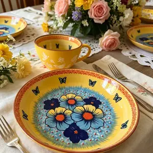 Underglaze 8 Inch Butterfly Flower Painted Large Capacity Ceramic Tableware Set, Retro Decorative Plate Coffee Cup Tea Cup Reusable Dinnerware Set for Kitchen Home Party Restaurant Daily Dining Use