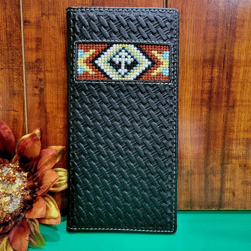 Aztec Cross Wallet Genuine Leather Basketweave Pattern Bi-Fold Long Wallet Black with Colorful Aztec Design