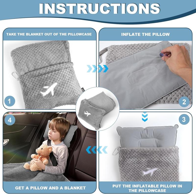 Travel Blanket Airplane Compact with Bag, Travel Essentials 3 in 1 Packable Airplane Blanket, Travel Pillow and Blanket Set, Inflatable Pillow, Luggage Sleeve & Backpack Clip (Light Grey)