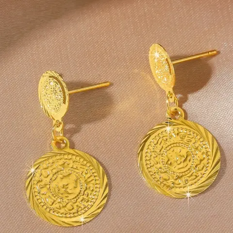 High quality antique coin stud earrings, 24k copper plated, perfect gift for girlfriends, luxurious daily jewelry for women, shining earrings, Round earrings, ethnic pattern earrings, unisex earrings, Earrings Studs, Ramadan gift