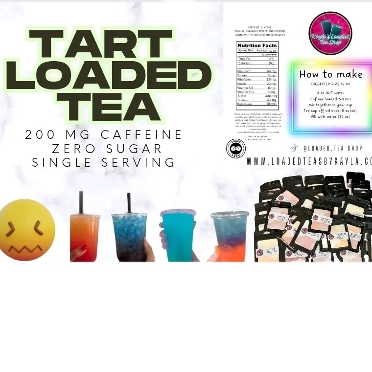 Tart Loaded Tea (1) 200MG Caffeine Each package is packed with vitamins B3, B6, B9, and B12, as well as taurine. Taurine has antioxidant properties an