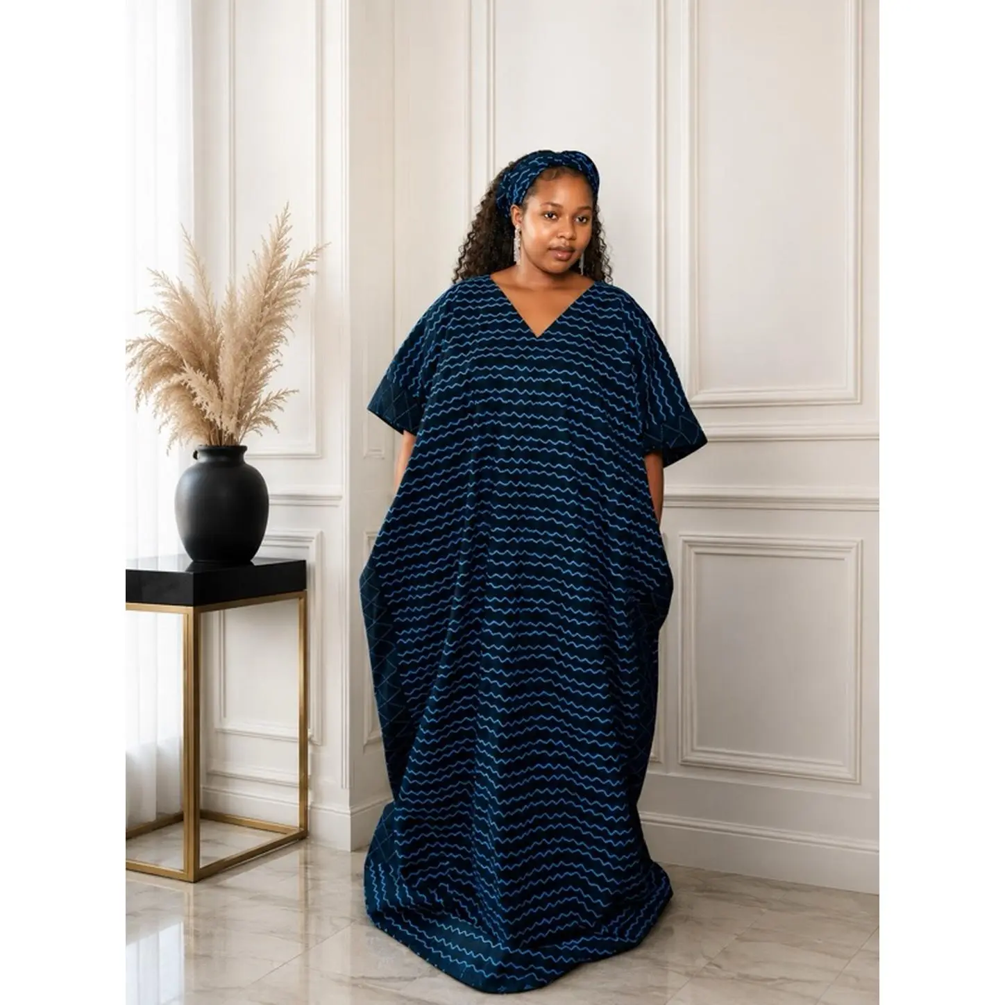 Women's Traditional Ankara A-Line Bubu Dress - Casual Short-Sleeve V-Neck Long African Print Piece, Shortsleeve, V-Shaped Neck