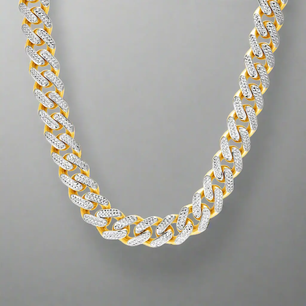14k Two Tone Gold Miami Cuban Chain Necklace with White Pave