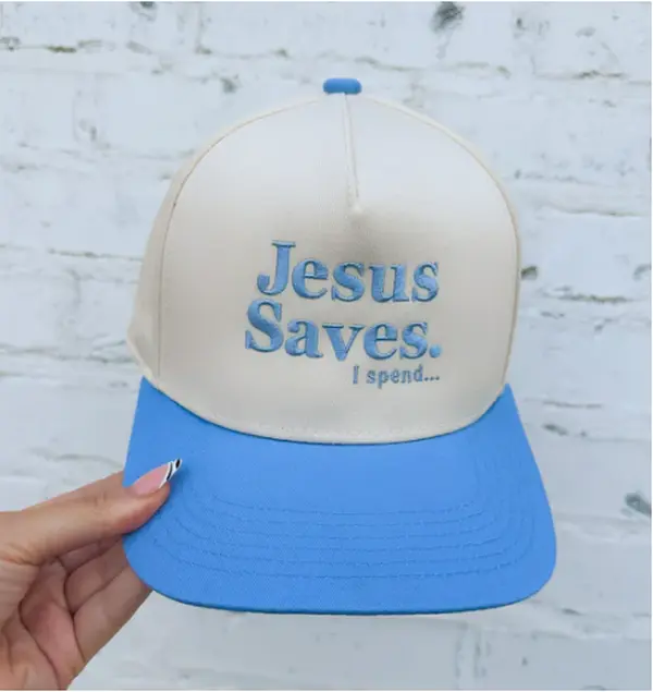 Jesus Saves I Spend Trucker Hat – Funny Christian Embroidered Hat in Blue & Cream, Faith-Based Gift for Women, Church Girl Trucker Cap
