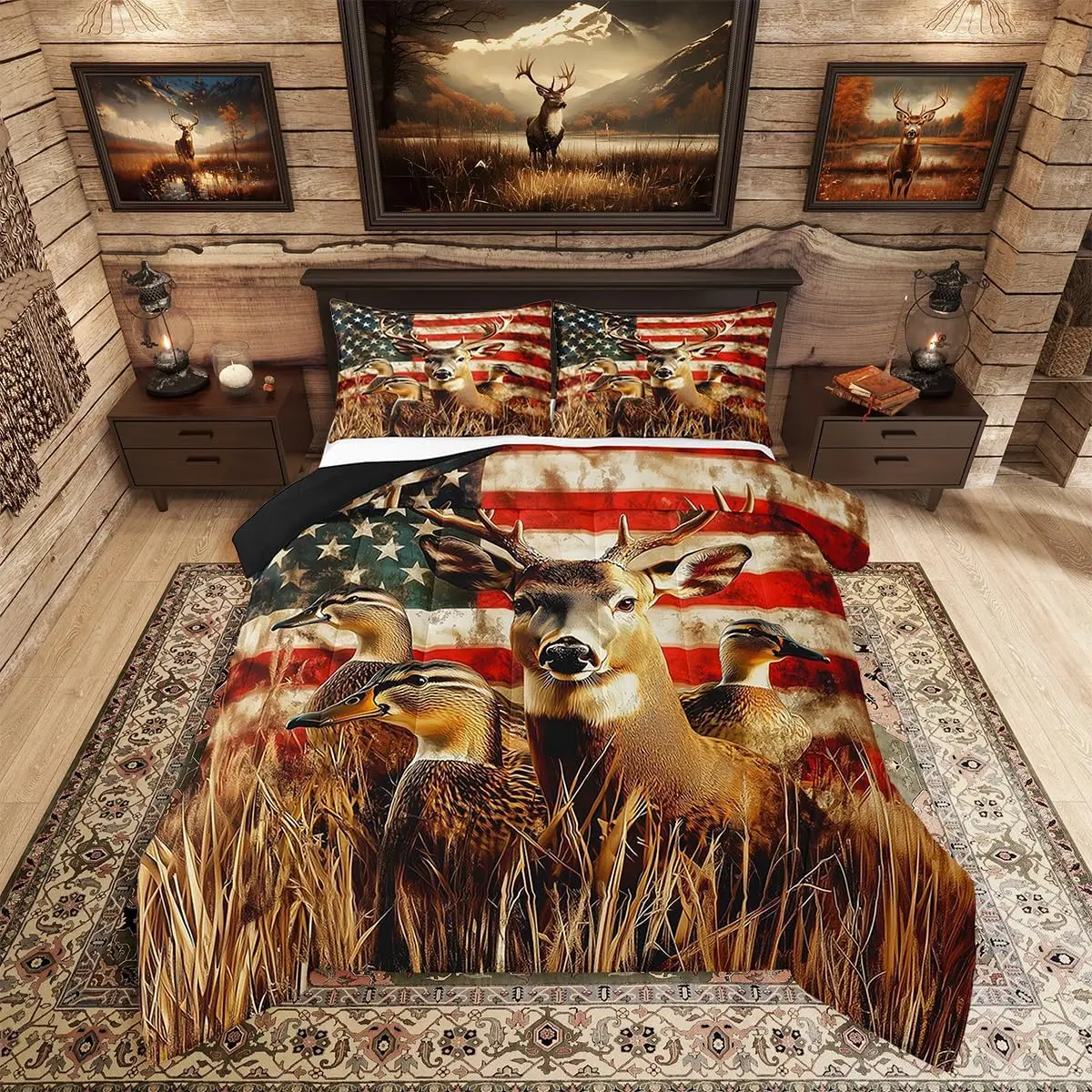 Feelyou Queen & King Size All-Season Polyester Microfiber Quilt Set - Rustic Woodland Bedding Set with Print Comforter, Blanket; Hunting Deer, Duck, Camouflage, American Flag Motifs, Quilt Sets