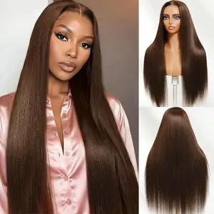 Sunber 4x4 Pre-Cut Lace Rich Chocolate Brown Yaki Straight Wig Put On and Go Glueless Human Hair Wig with Drawstring