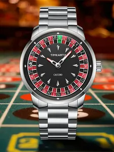 TIMEARTX New European Roulette Trendy Men's Watch, Poker Game Fashion Quartz Movement, Stainless Steel Wristwatch, Stylish Timepiece