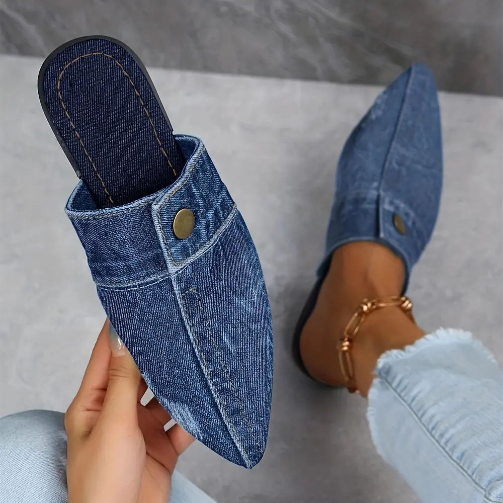 Women's Pointed Toe Denim Mules with Bow, Casual Slip On Walking Shoes, Easy Pull On Outdoor Footwear, Fabric, Fashion