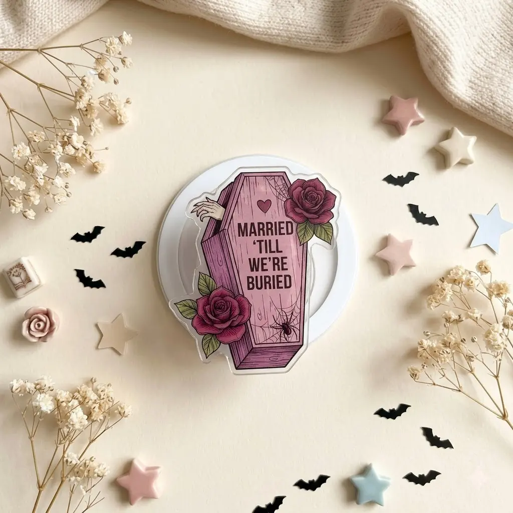 Gothic Romance Coffin Acrylic Phone Grip, Pink Coffin Phone Holder, Dark Love Expandable Phone Stand, Spooky Couple Gift